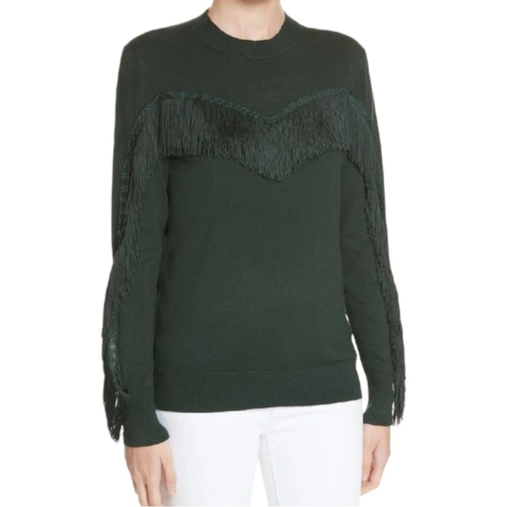 Ted Baker Aniebal Fringe Trim Emerald Green Sweater Holiday Western Size 3 US 8